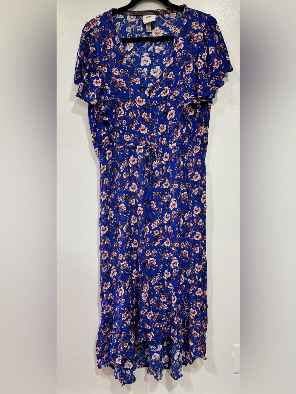 Knox Rose Boho Blue Floral Cottagecore Midi Dress Tassel Tie High Low XL Rayon